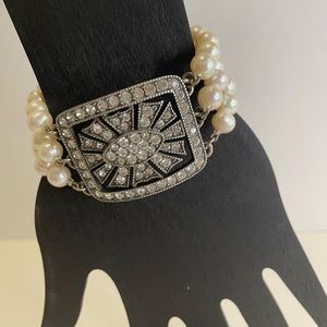 Haley Hill Bracelet Art Deco Freshwater Pearl & Rhinestones Sz 6.5”-8.25" Mint